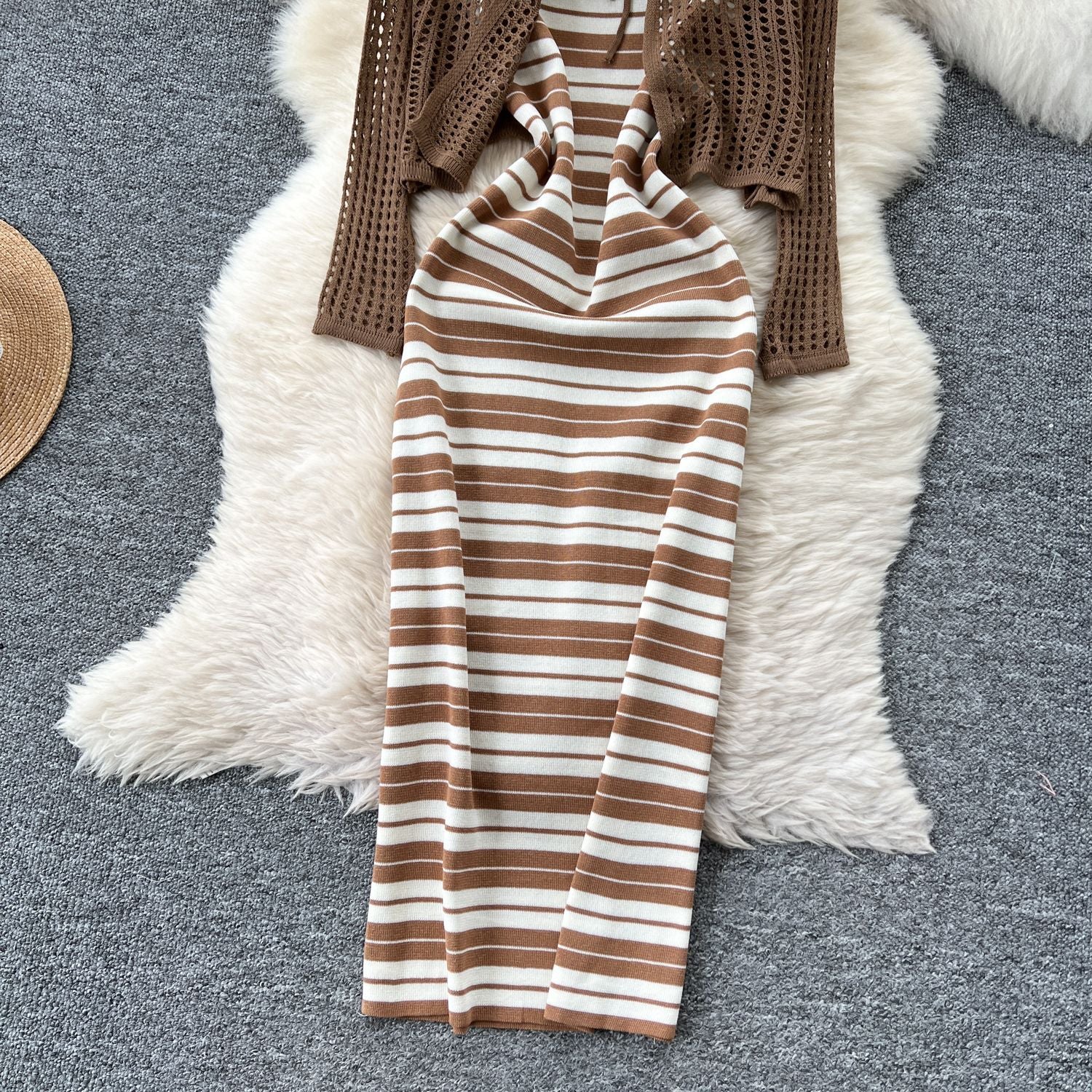 Tie Up Cardigan Low Back Strap Slim Fit Chic Stripes Knitting Dress 27
