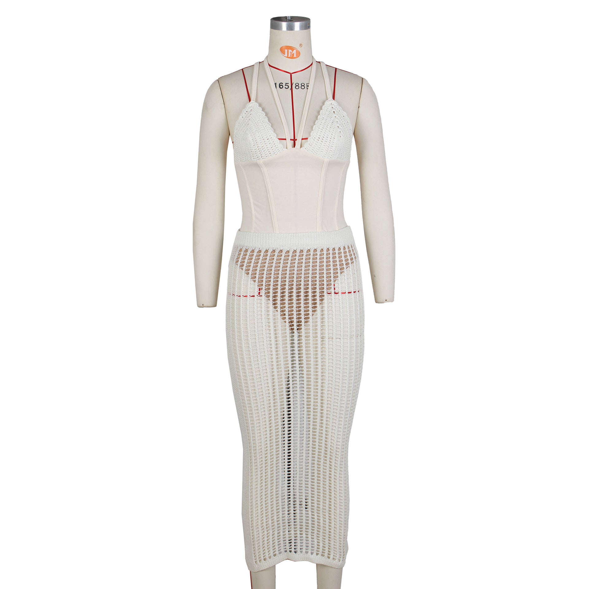 Summer Women's Fashion Sexy Straps Backless One-Piece Bodysuit Top Hollow Knitting Skirt Two Piece Set 20