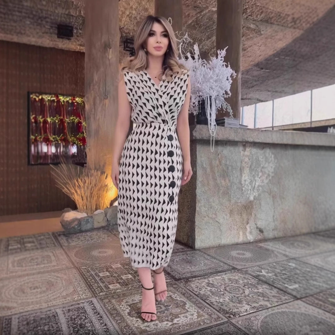 Women Elegant Print Sleeveless Dress