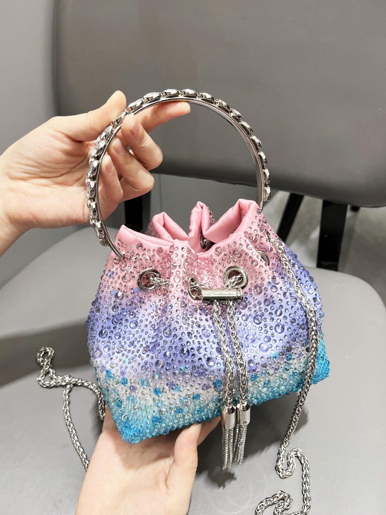 Women Autumn/Winter Bucket Bag Drawstring Beaded Shoulder/Crossbody Handbag 44