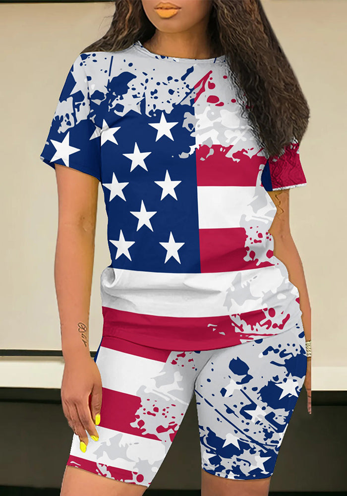 American Flag Print Fashion Casual Women's Short Sleeve T-Shirt Shorts Two Piece Set