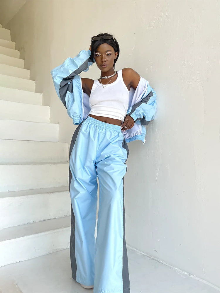 Women's Casual Fashion Loose Color Matching Long Sleeve Zipper Contrast Top and Trousers Sports Two Piece Set 6