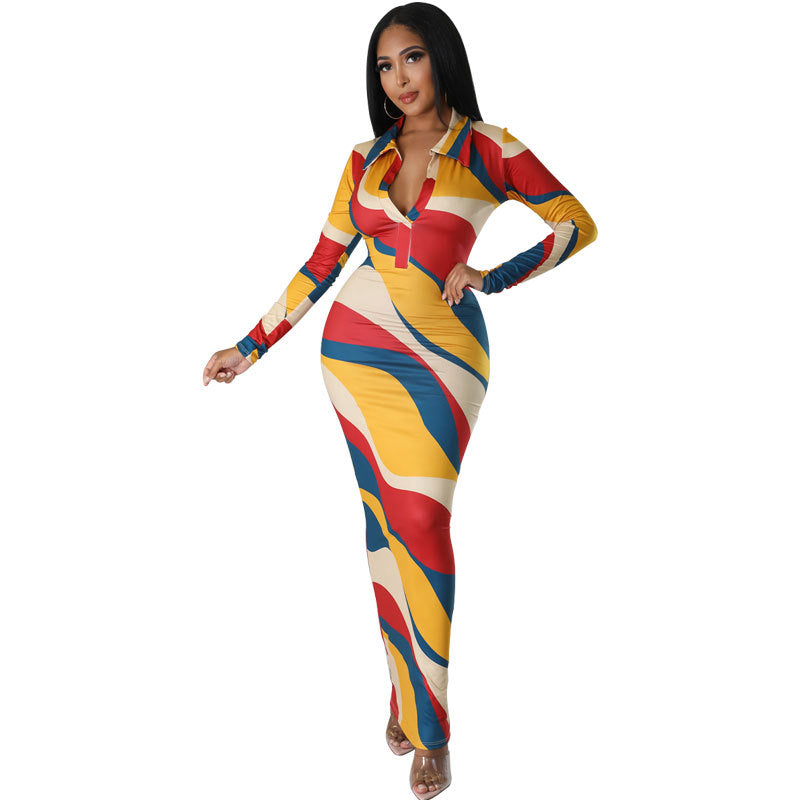 Women Long Sleeve Printed Bodycon Maxi Dress 5