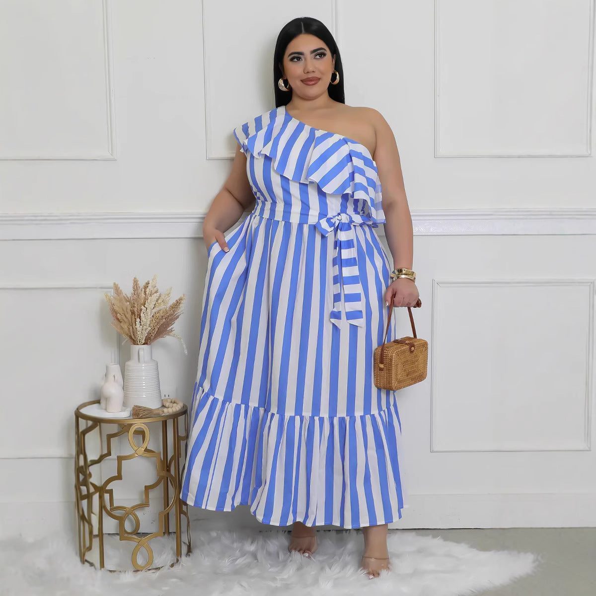 Women Striped Slash Shoulder Dress 3