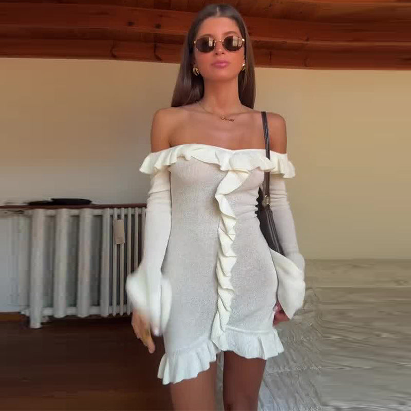 Autumn Fashion Off Shoulder Ruffle Slim Bodycon Short Dress