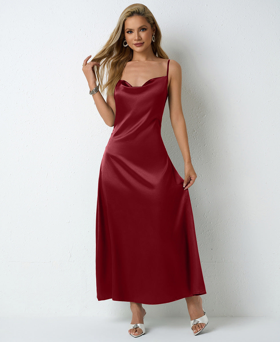 Women Pleated Sleeveless Satin Dress 37