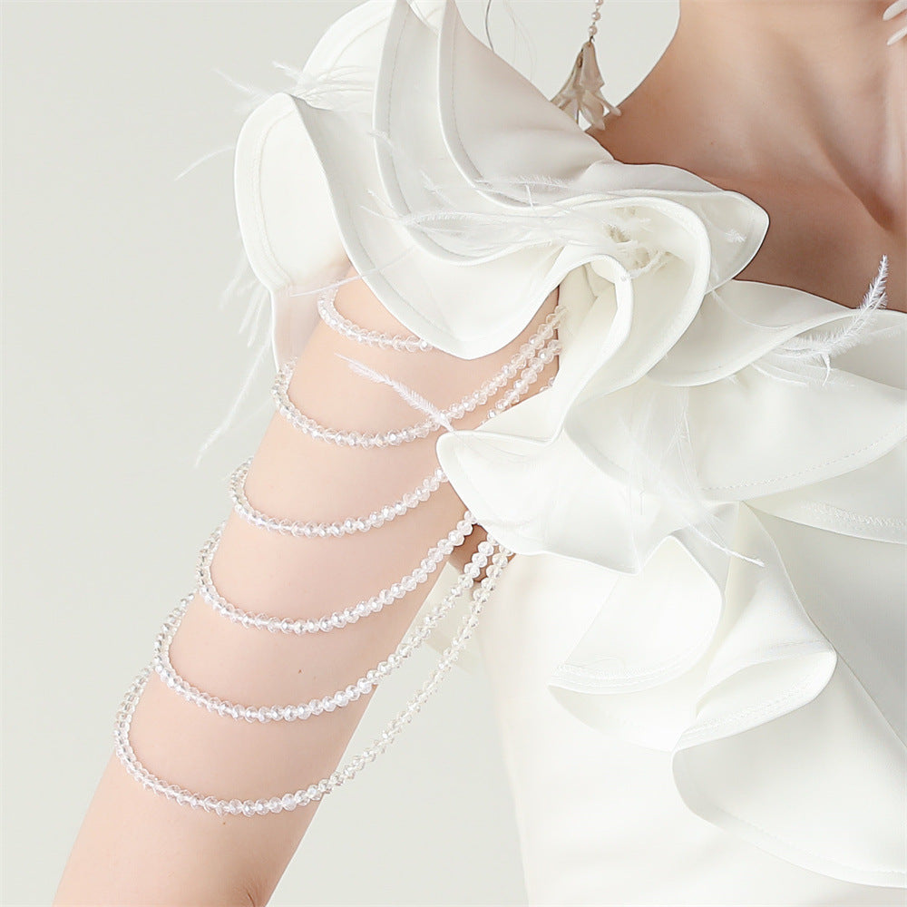 Women One-Shoulder Beaded Wool and Floral Satin Slit Sexy Evening Dress 55