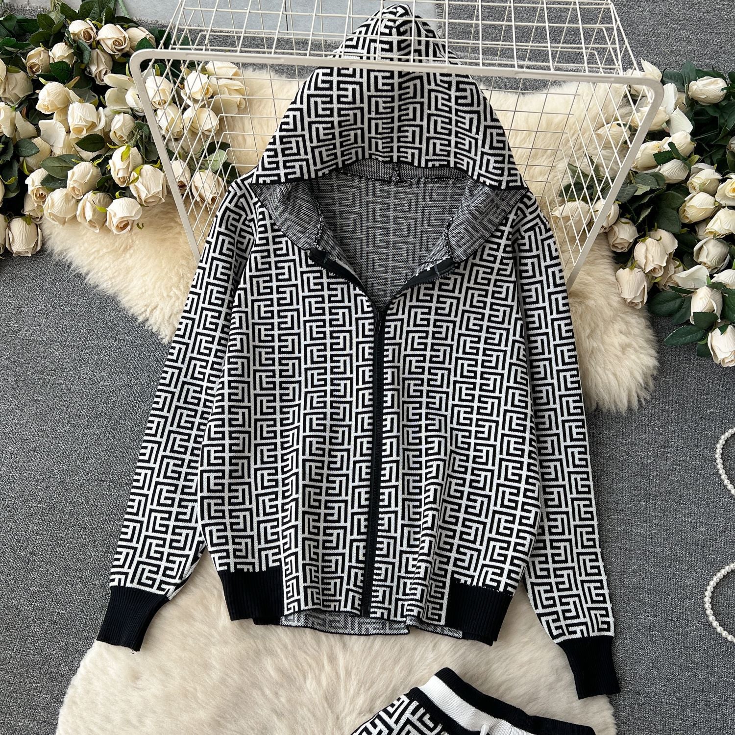 Women Casual Printed Long Sleeve Hooded Knitting Top + Wide Leg Pants Two-Piece Set 5