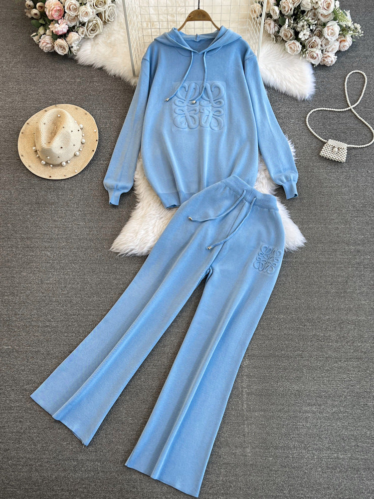 Trendy Women's Oversized Knit Hoodie High-Waisted Wide-Leg Pants Set 6