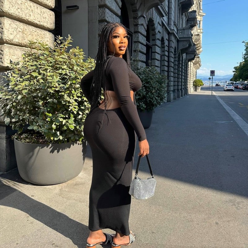 Women Autumn Solid Long Sleeve Cut Out Dress