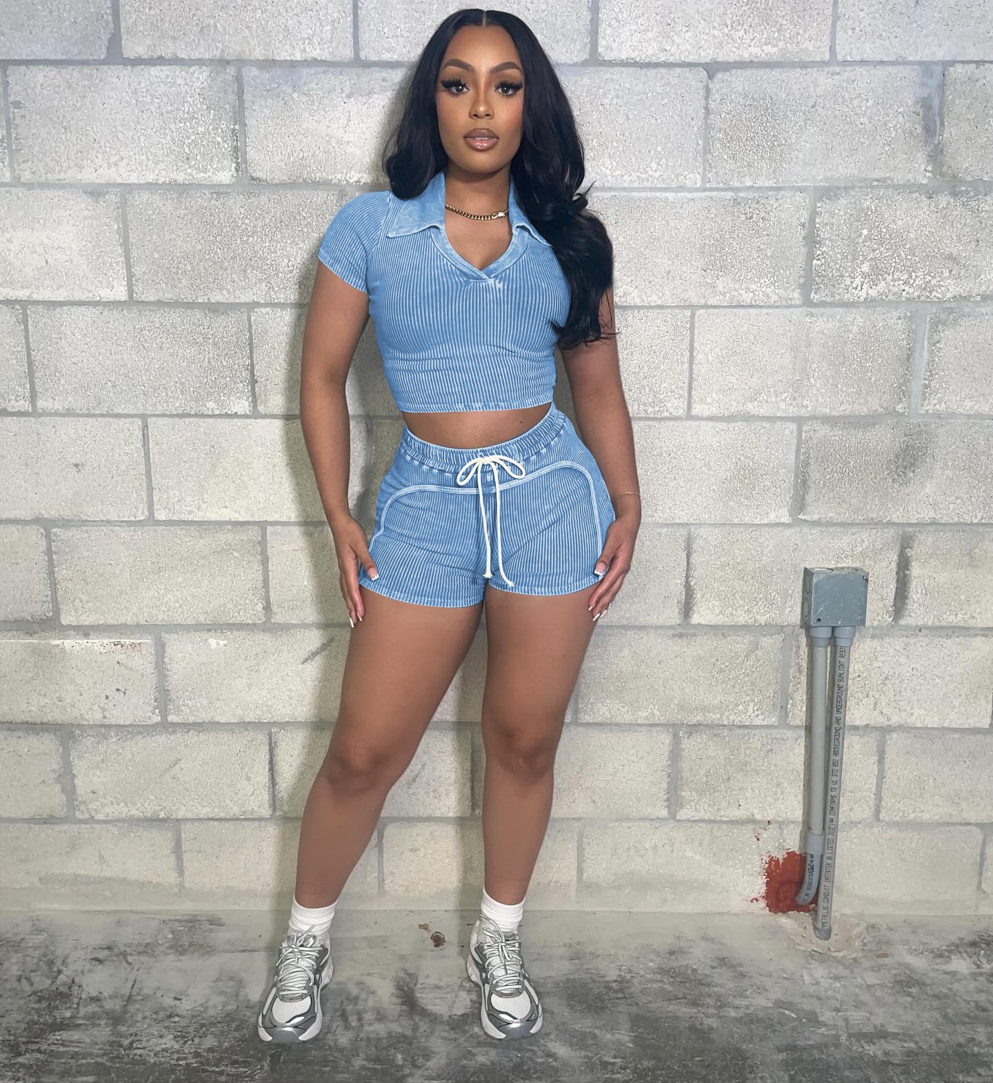 Women's Ribbed fashion Casual Two Piece Shorts Set 8