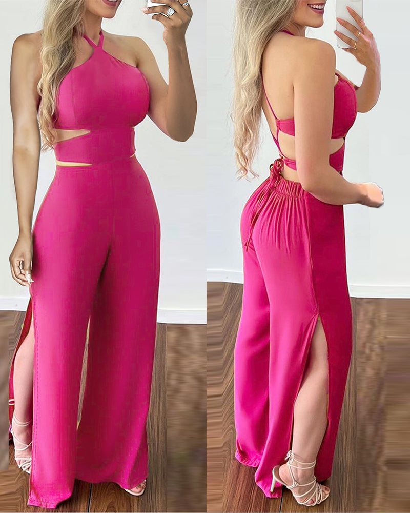 Women's summer solid color Sleeveless slit jumpsuit