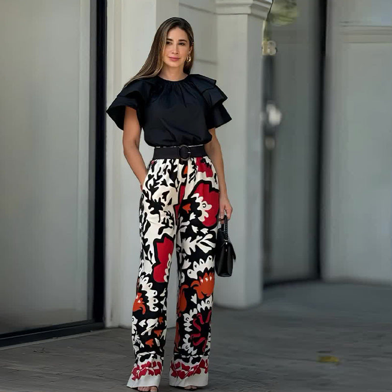 Summer ruffled Round Neck top fashion printed trousers Casual set