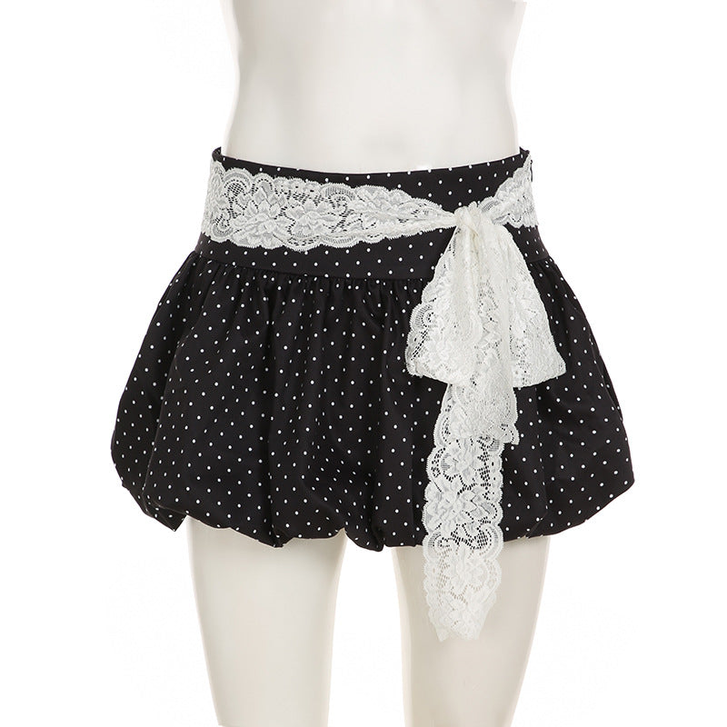 Women Summer French Lace Polka Dot Contrast Flower Bud Mini Dress 10