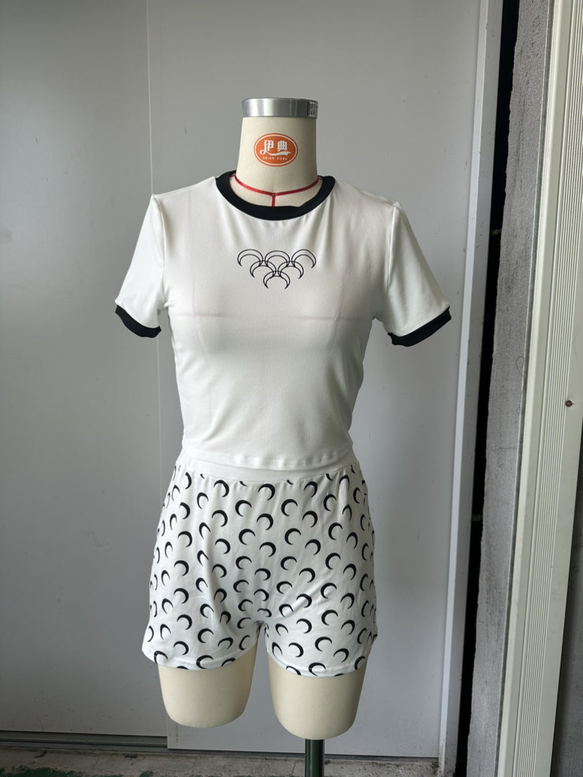 Fashion Trend Moon Print Design Stretch Slim Fit Sexy Basic Top Shorts Set 9
