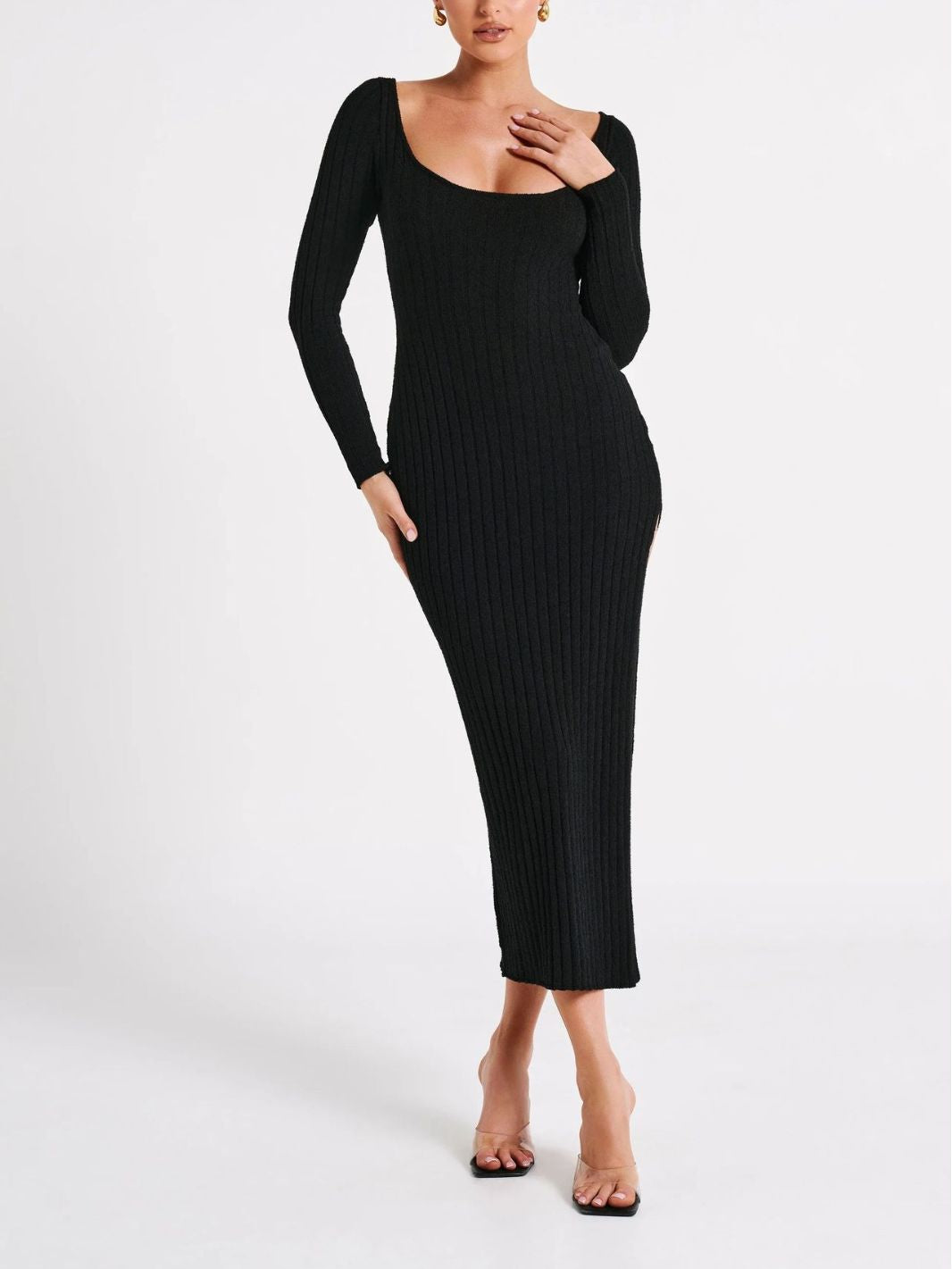 Women Autumn and Winter Round Neck Long Sleeve Slit Sexy Knitting Dress 6