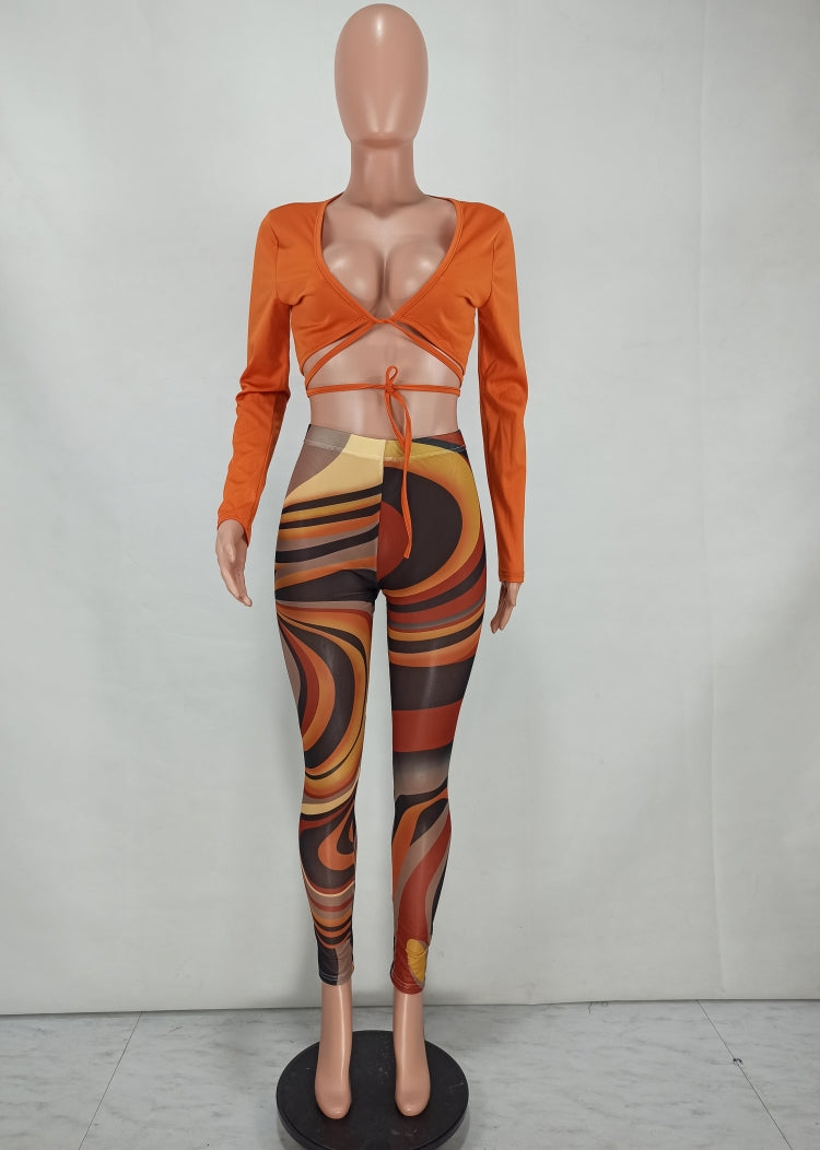 Fall Sexy Orange Wrap Tied Long Sleeve Crop Top and Printed Tight Pants Set 5