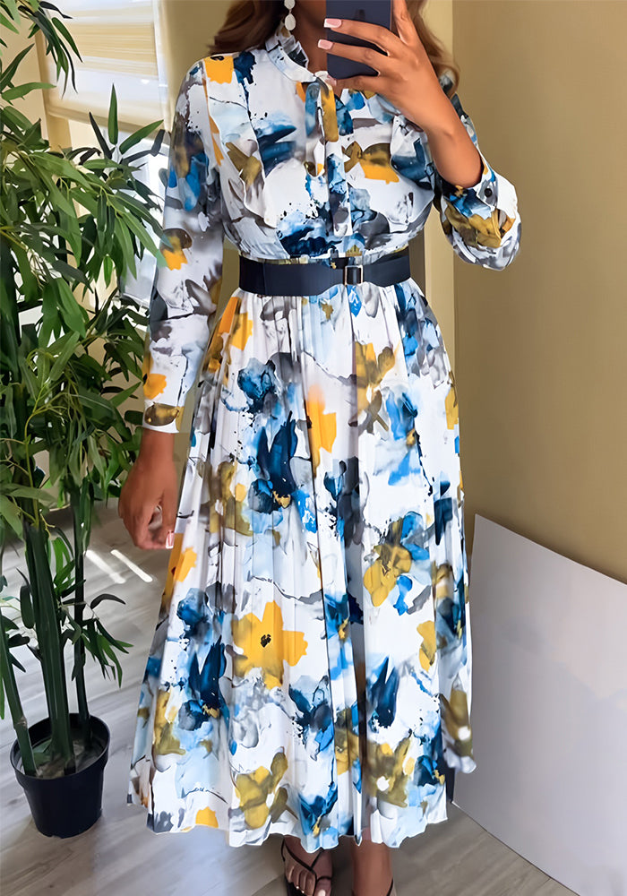 V-Neck Print Slim Waist Casual Holidays Elegant Long Sleeve A-Line Dress