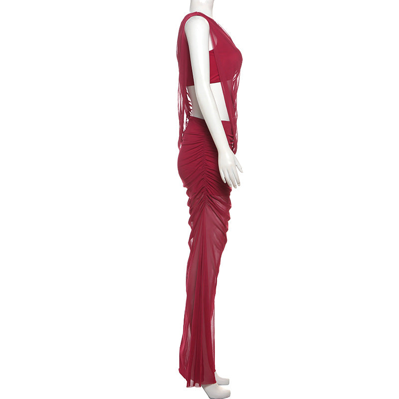 Women Spring Sexy Slash Shoulder Crop Top and Skirt Two-Piece Set 5