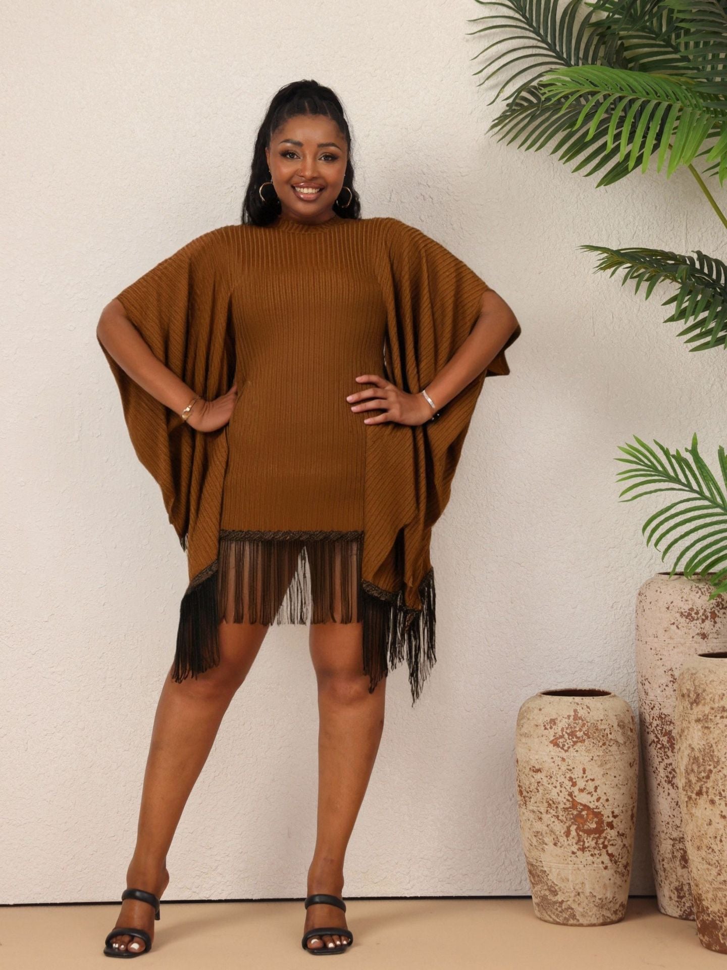 Three Quarter Sleeve Elegant Tassel Bat Sleeve Plus Size Dress 8