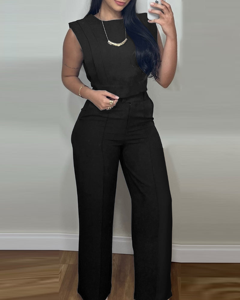 Women Round Neck Crop Top and Pants Casual Two Piece Set