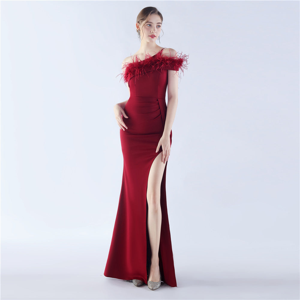 Women Ostrich Feather Party Dinner Evening Dress 9