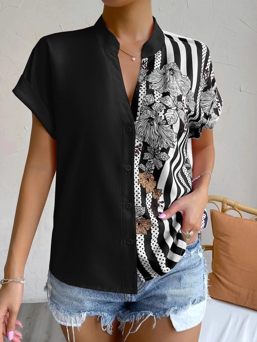 Women Contrast Floral Button Short Sleeve Shirt 14