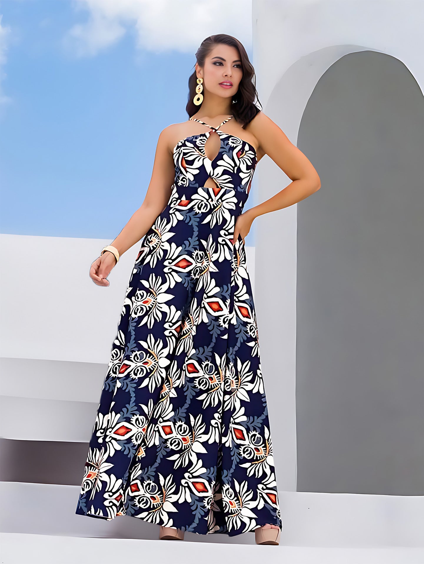 Sexy Strap Hollow Style Printed Long Dress