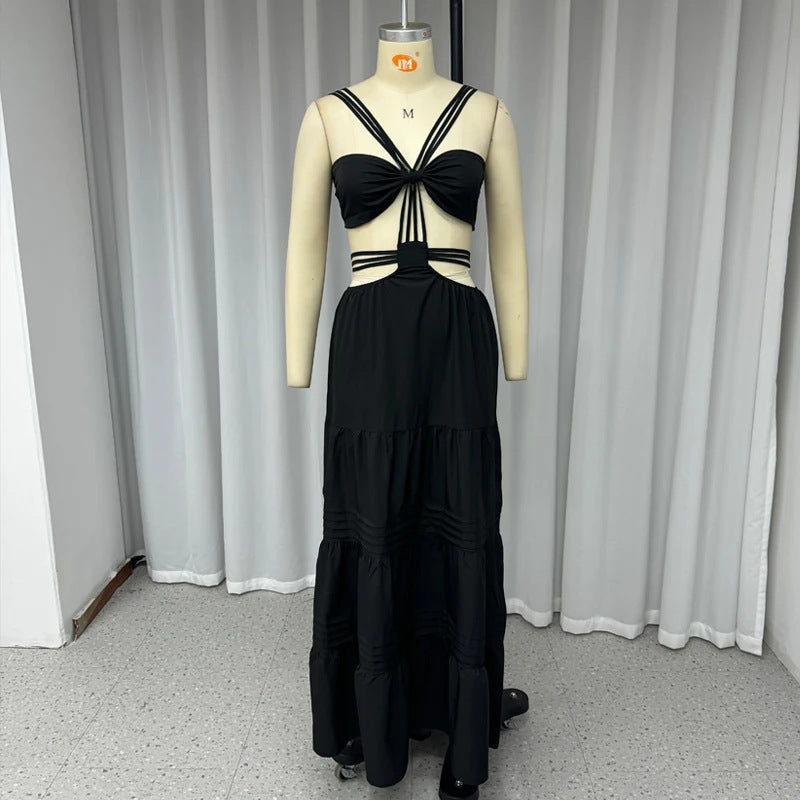 Summer Fashionable And Sexy Strap Solid Color Hollow Long Dress 6
