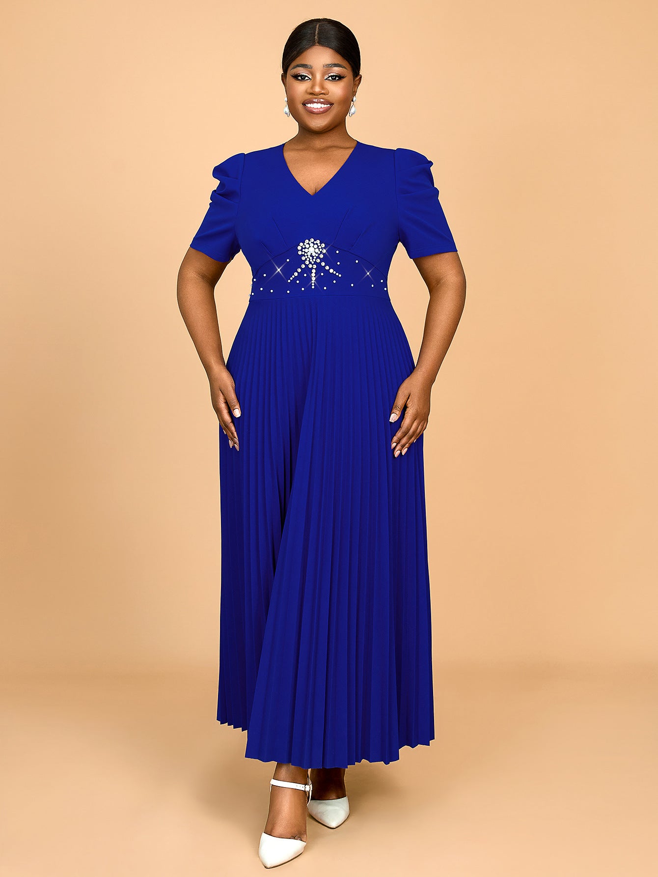 Women Elegant Spring and Summer Prom Formal Party Pleated Beaded Dress 3