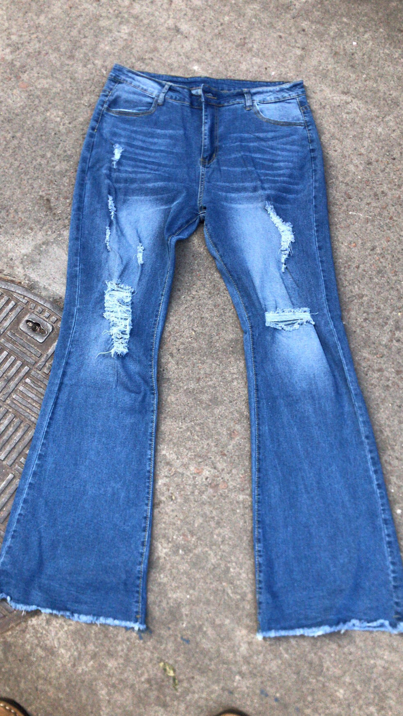 Women Stretch Ripped Denim Bell Bottom Pants 11