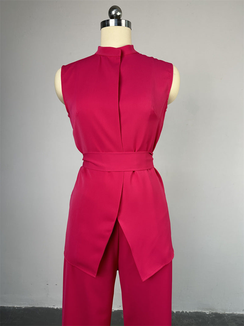 Women's Summer Stand Collar Buttoned Sleeveless Slim Waist Belt Top Wide Leg Pants Two Piece Set 13