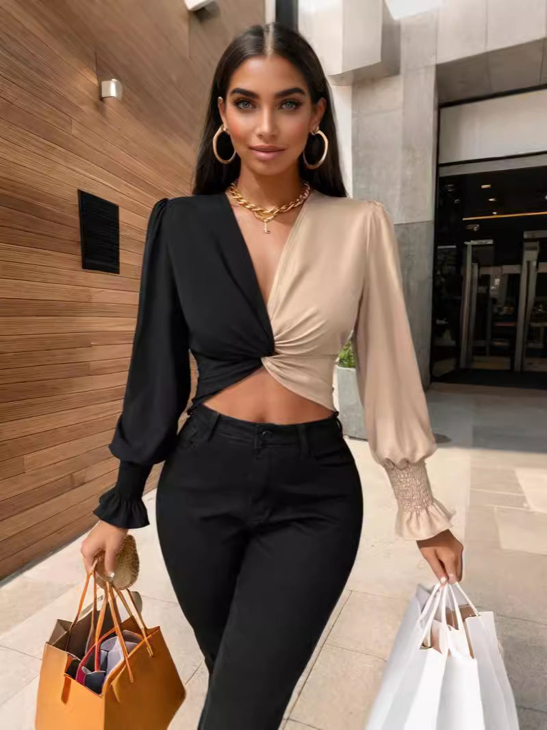 Women color block Patchwork v-neck long-sleeved color-blocked shirt 4