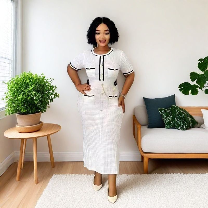 French Elegance Chic Fitted Round Neck Short-Sleeve Gold Button Knit Dress 3