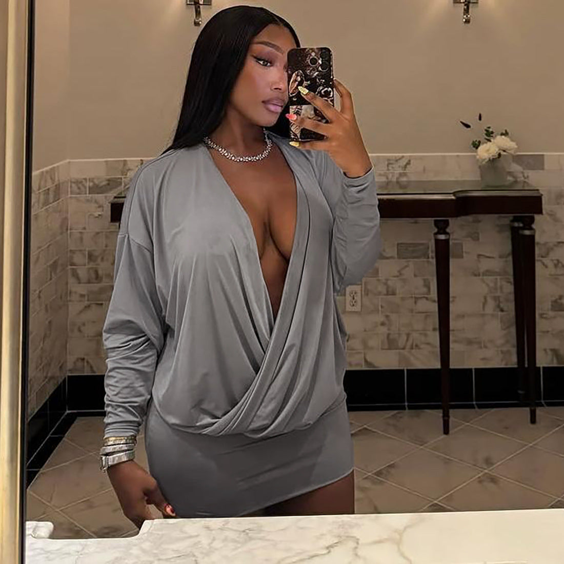 Autumn Outfit Sexy Fashion Deep V-Neck Long Sleeve Bodycon Dress 9