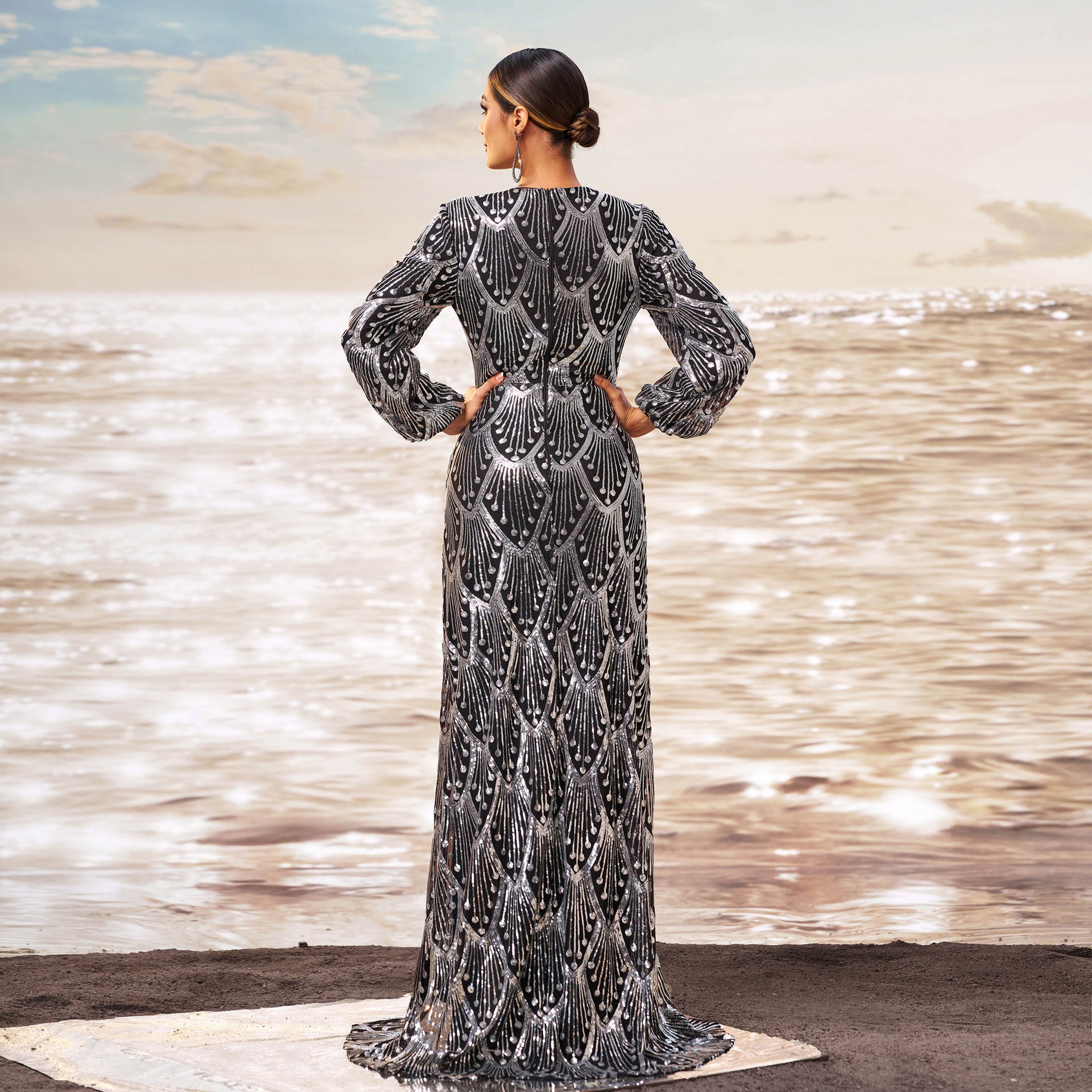 Luxury Long Sleeve V-Neck Formal Party Sequin Slim Slit Evening Dress Women Bridesmaid Gown 4