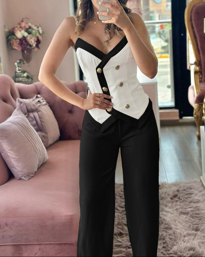 Fashion Printed Double-Breasted Strap Women's Two Piece Pants Set