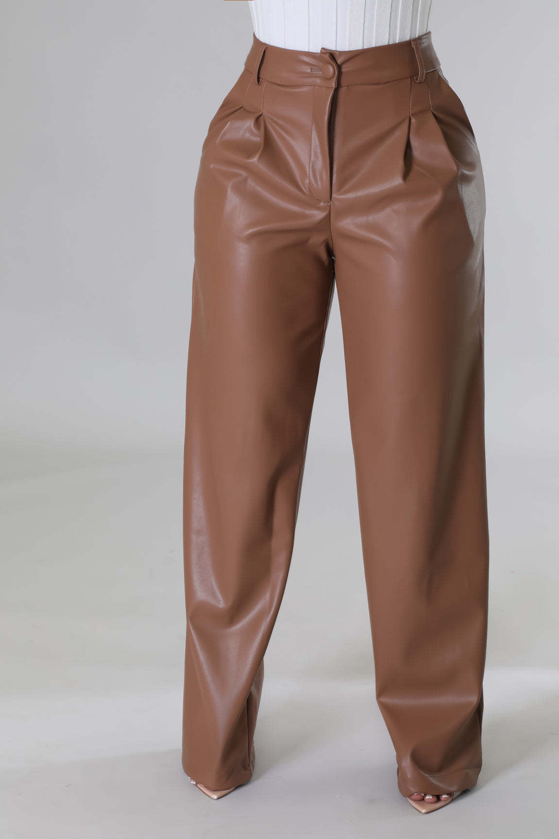 Women Casual pu-Leather Pocket Loose Wide Leg Pants 4