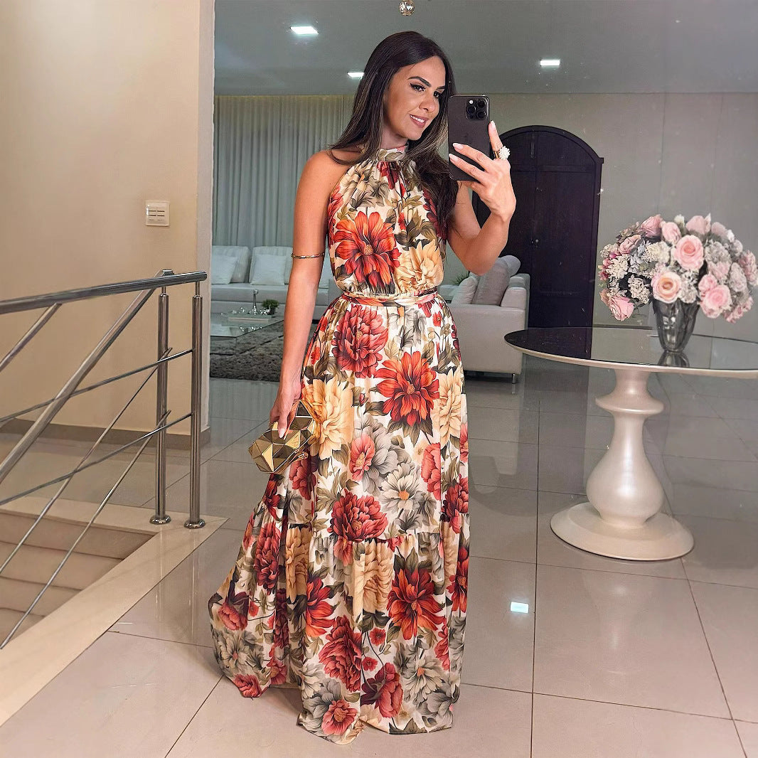 Summer Women's Flower Print Halter Neck Sleeveless Chic Long Dress 3