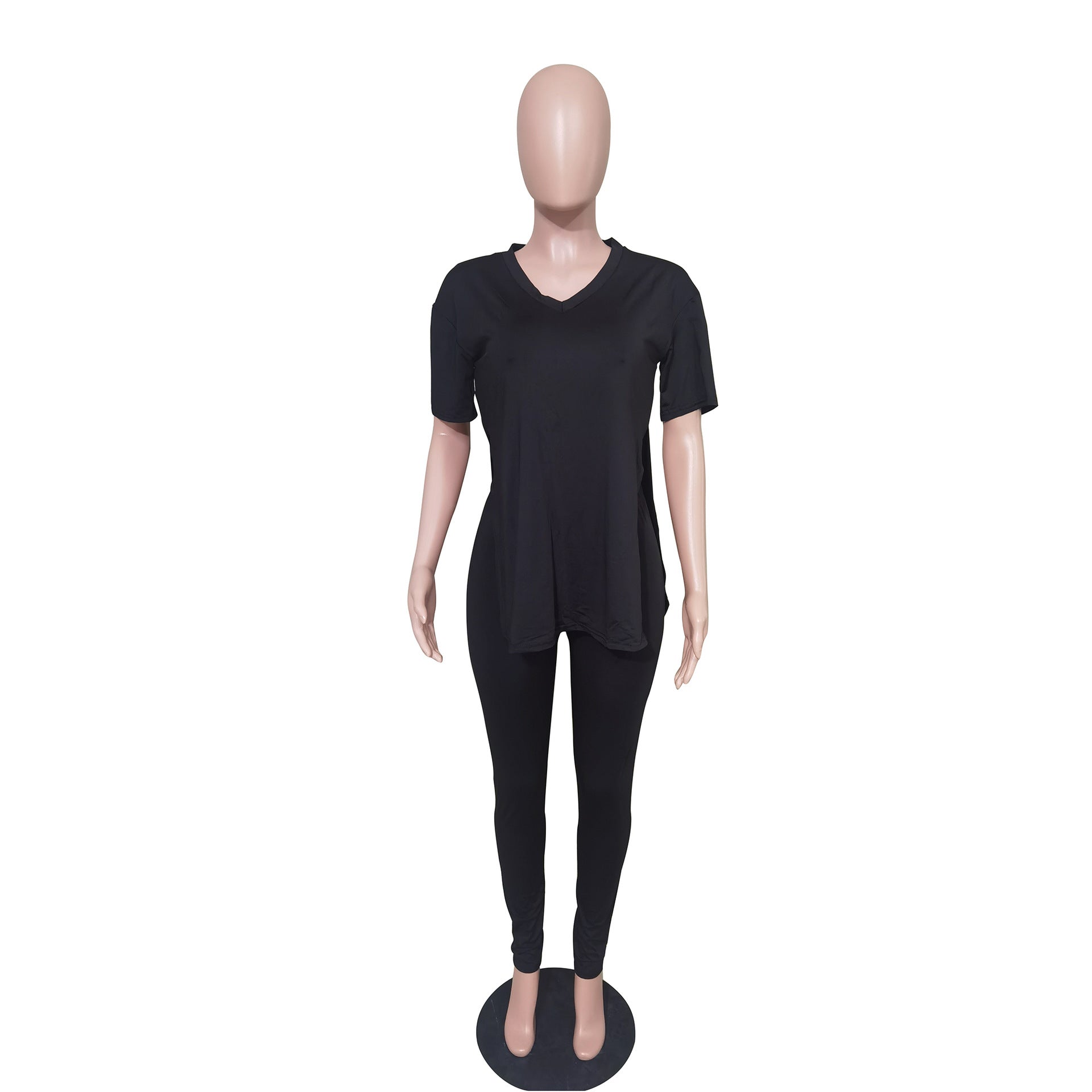 Women Casual Short Sleeve Split Top + Pants Two Piece Set 16