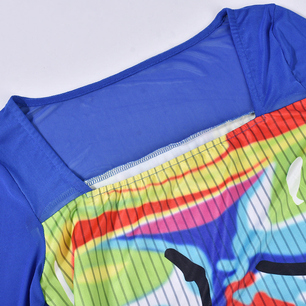 Women's Mesh Long Sleeve Square Neck Printed Dress 8