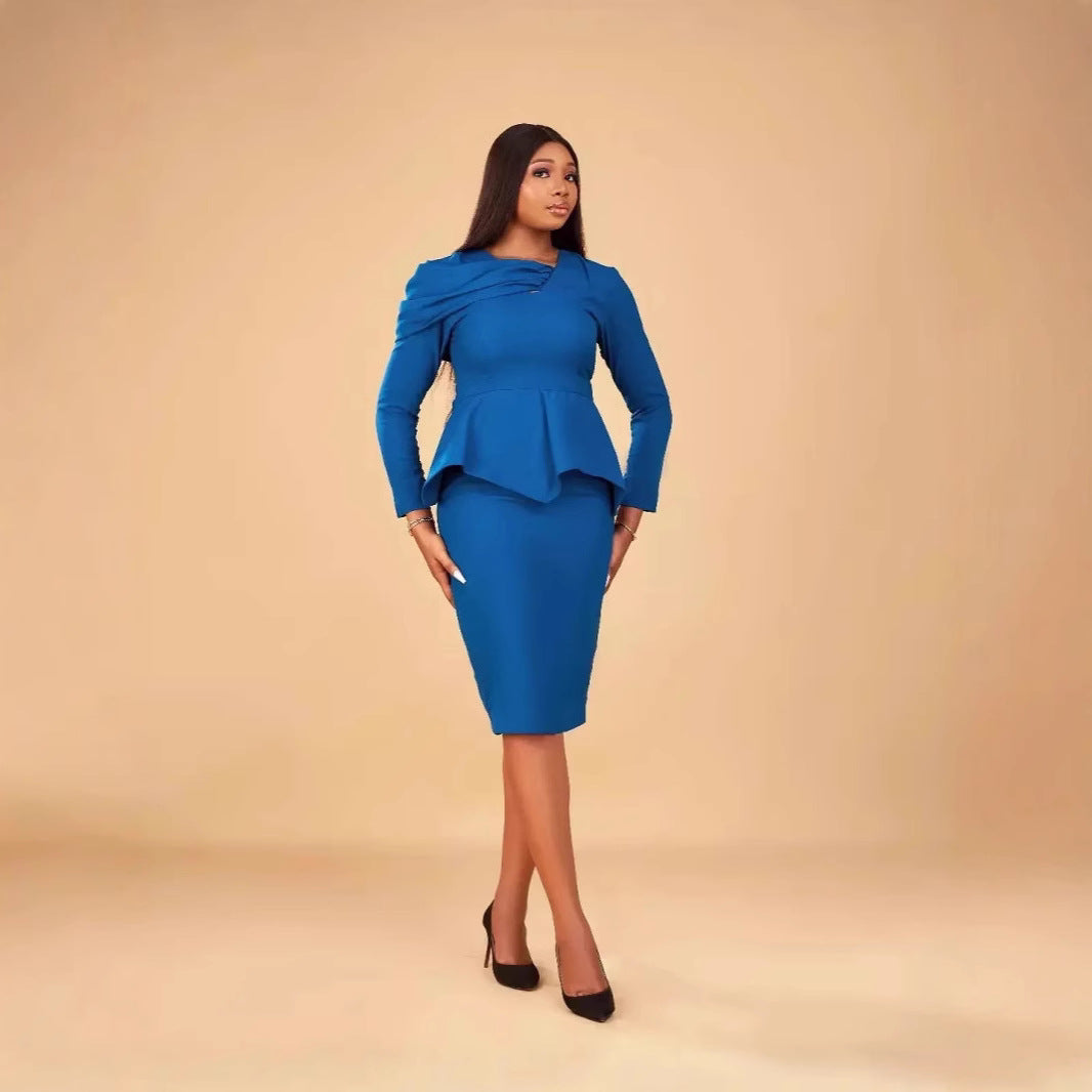Women Blue Career Long Sleeve Dress