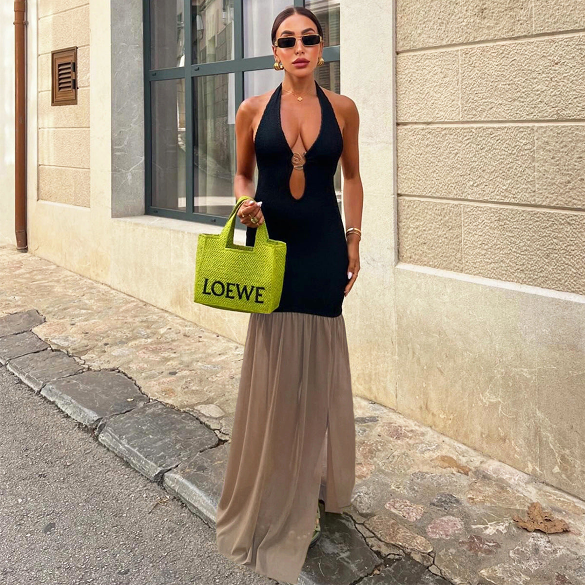 Women's Halter Lace-Up Hollow-Out Color-Block Slit Sexy Dress 3