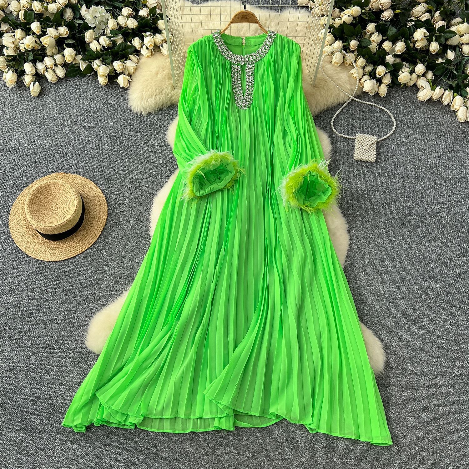 Women Round Neck Diamond Furry Patchwork Pleated Elegant Solid Dress 4