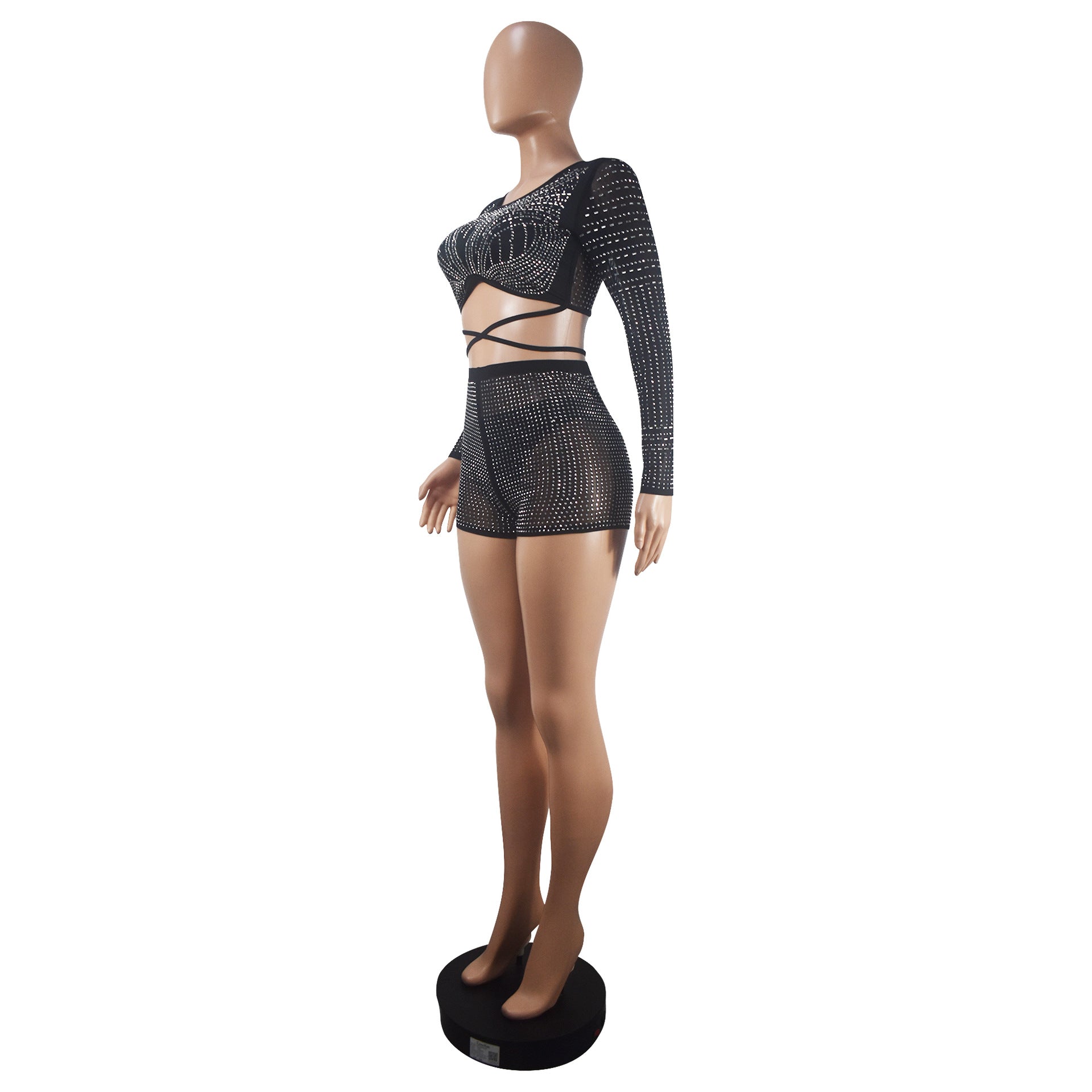 Women sexy long-sleeved Beaded See-Through Mesh Top and shorts two-piece set 7