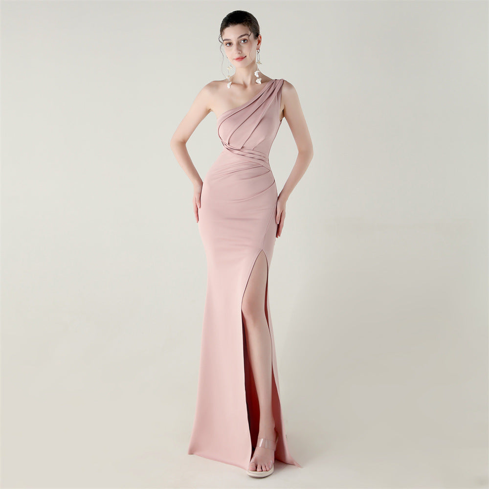 Women one-shoulder satin beaded sexy slit evening dress 20