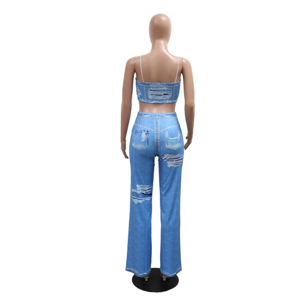 Sexy Fashion Print Strap Top Slim Flared Trousers Two-Piece Set 12