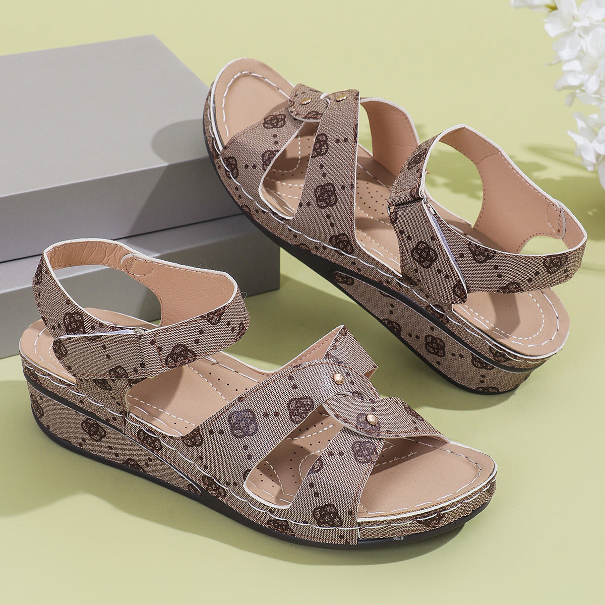 Summer Round Toe Wedge Ankle Strap Printed Sandals 11