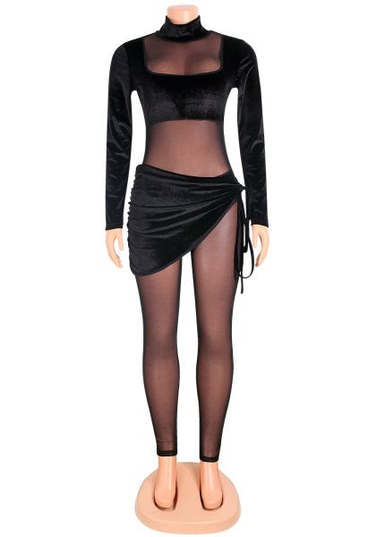 Autumn Party Sexy Mesh Patch Velour Tight Black Jumpsuit 4