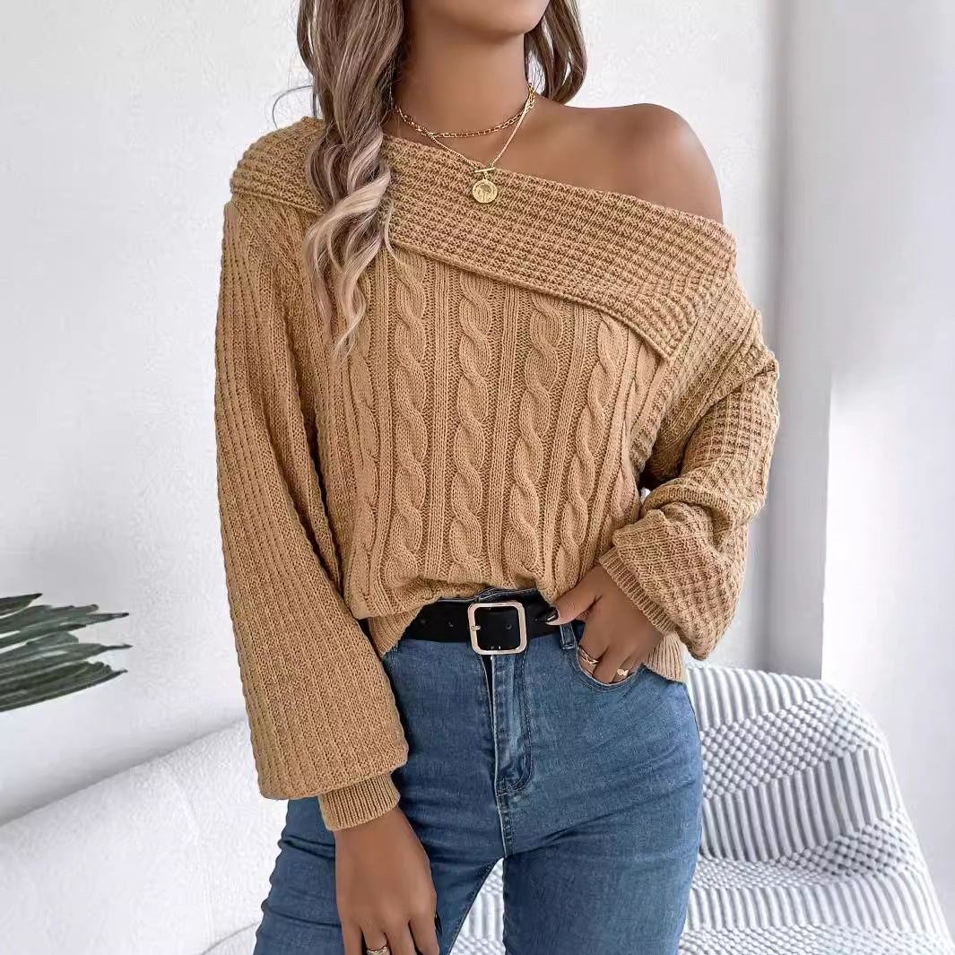Autumn and winter casual sexy Turndown Collar off-shoulder twisted long-sleeved pullover sweater 6